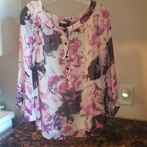 Floral Sheer Blouse with Purple and Black Accents